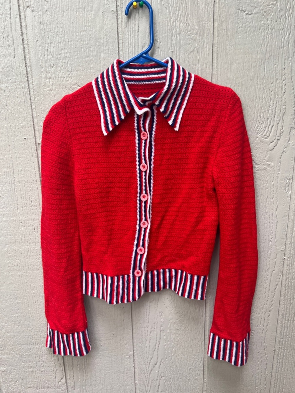Vintage Red Button-Up Sweater with Striped Trim